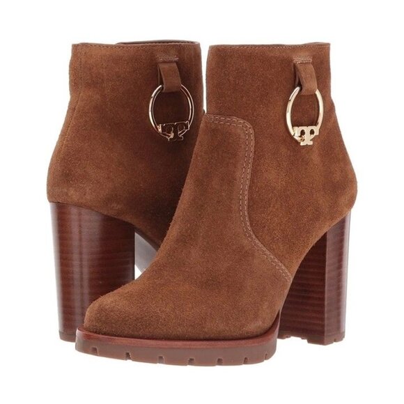 $500 TORY BURCH Sofia Lug Sole Suede Mid-heel Booties LOGO Brown 10.5 (MG24) - Picture 1 of 7